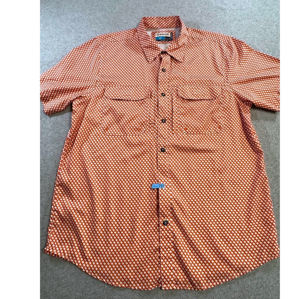 Magellan Local State Fishing Shirt Mens L Orange Geometric Print Short Sleeve